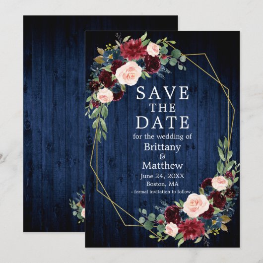 Burgundy Mixed Floral Blue Wood Geo Lijst Save The Date (Voorkant / Achterkant)