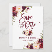 Burgundy Modern Brush Script Floral Save The Date (Voorkant)