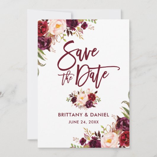 Burgundy Modern Brush Script Floral Save The Date (Voorkant)