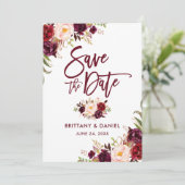 Burgundy Modern Brush Script Floral Save The Date (Staand voorkant)