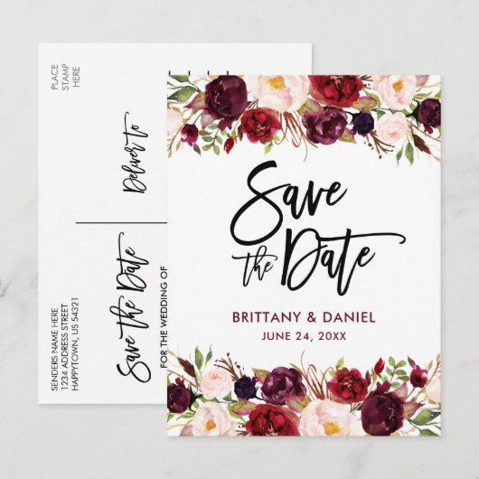 Burgundy Modern Brush Script Save the Date Floral Aankondigingskaart (Voorkant / Achterkant)