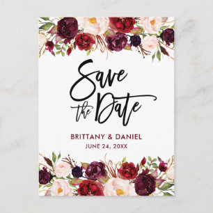 Burgundy Modern Brush Script Save the Date Floral Aankondigingskaart