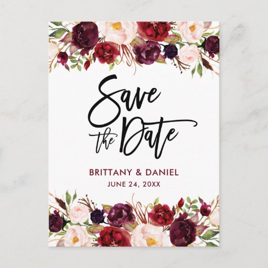 Burgundy Modern Brush Script Save the Date Floral Aankondigingskaart (Voorkant)