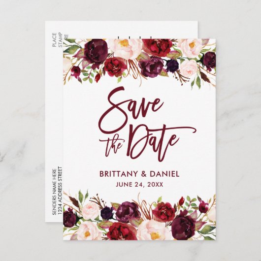 Burgundy Modern Brush Script Save the Date Floral Aankondigingskaart (Voorkant / Achterkant)