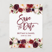 Burgundy Modern Brush Script Save the Date Floral Aankondigingskaart (Voorkant)