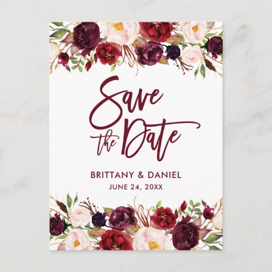 Burgundy Modern Brush Script Save the Date Floral Aankondigingskaart (Voorkant)