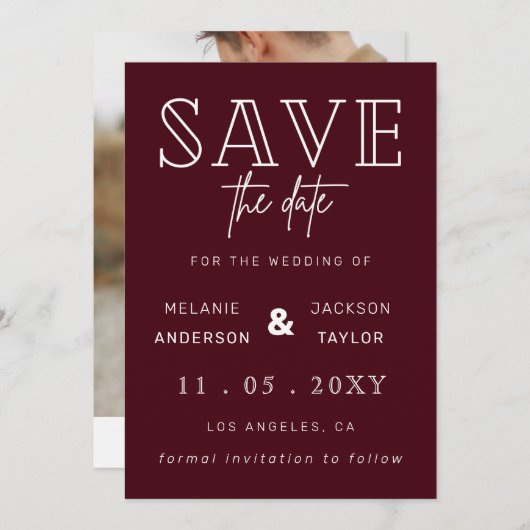 Burgundy Modern Calligraphy Photo Save the Date (Voorkant / Achterkant)
