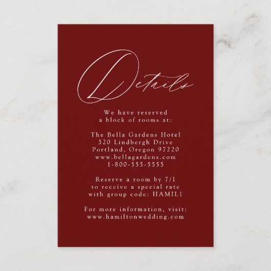 Burgundy Modern Elegance Wedding Details Informatiekaartje (Voorkant)