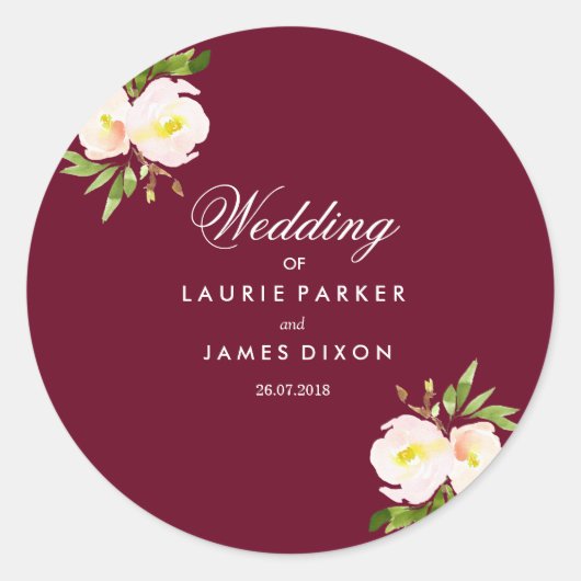 Burgundy Modern Floral Elegant Wedding Sticker (Voorkant)