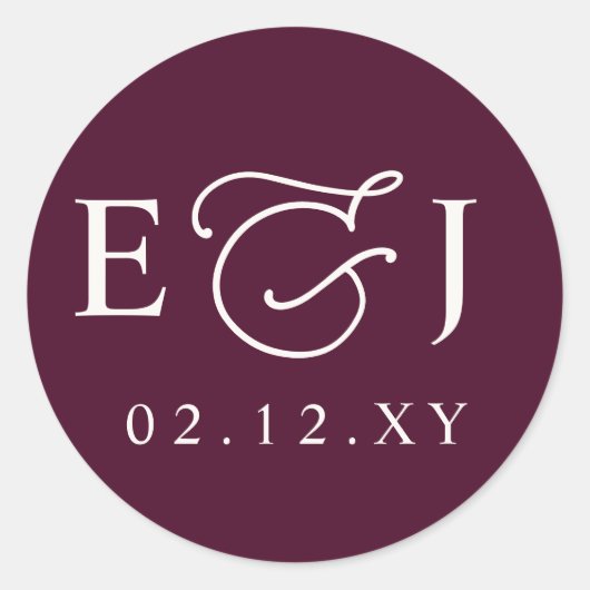 Burgundy Modern Initials Monogram Wedding Ronde Sticker (Voorkant)