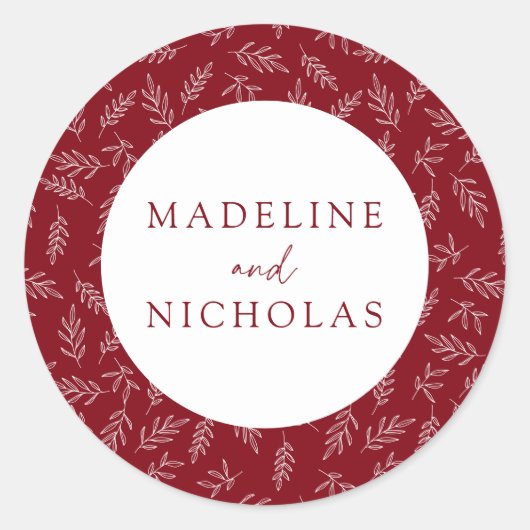 Burgundy Modern Minimalist Botanical Wedding Ronde Sticker (Voorkant)