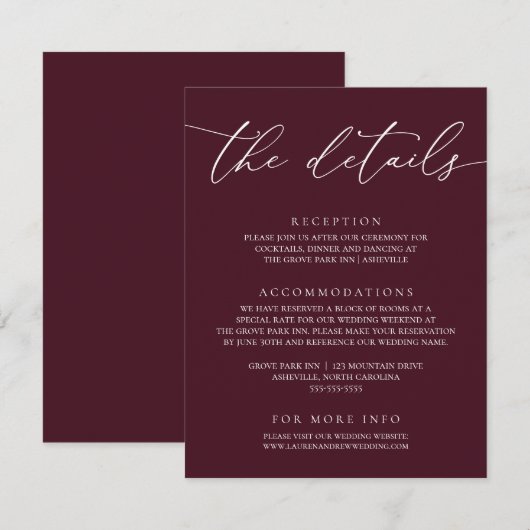 Burgundy Modern Minimalist Wedding Enclosure Kaart (Voorkant / Achterkant)