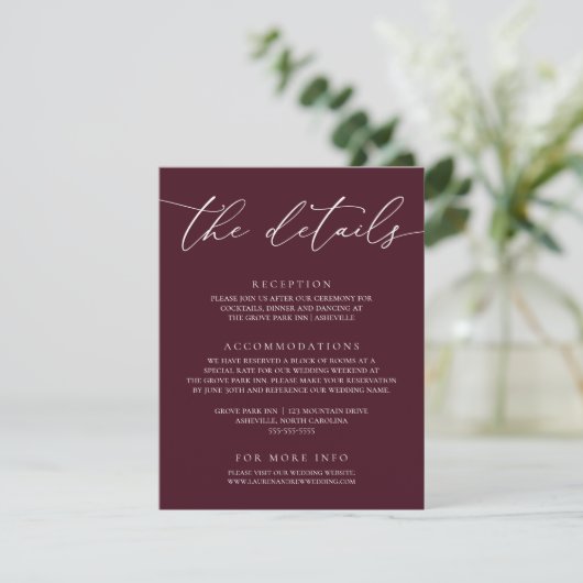 Burgundy Modern Minimalist Wedding Enclosure Kaart (Staand voorkant)
