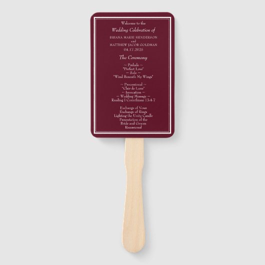 Burgundy Modern Minimalist Wedding Programme Handwaaier (Voorkant)