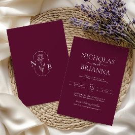 Burgundy Modern Minimalistisch Boho Trouw Monogram Kaart