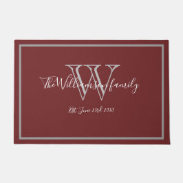Burgundy Modern Monogram Name Cute Wedding Welcome Deurmat
