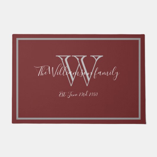 Burgundy Modern Monogram Name Cute Wedding Welcome Deurmat (Voorkant)