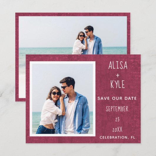 Burgundy Modern Photo Save the Date (Voorkant / Achterkant)