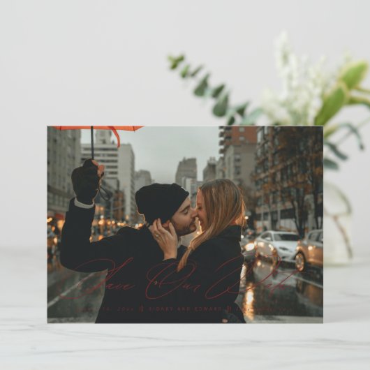 Burgundy Modern Save the Date Photo Card Kaart (Staand voorkant)