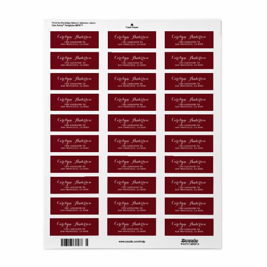 Burgundy Modern Script Typography Wedding Address Etiket (Full Sheet)