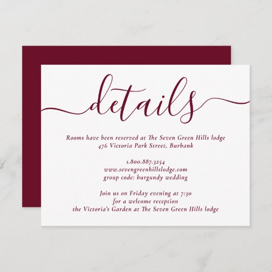 Burgundy Modern Script Wedding Informatiekaartje (Voorkant / Achterkant)