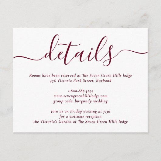 Burgundy Modern Script Wedding Informatiekaartje (Voorkant)