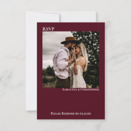 Burgundy Modern Simple Minimalist Photo Wedding RSVP Kaartje