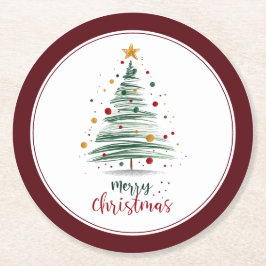 Burgundy Moderne Kerstboom Ronde Kartonnen Onderzetter