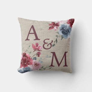 Burgundy Monogram Dusty Roos Blue Floral Linen Kussen