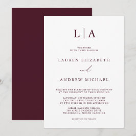 Burgundy Monogram Eenvoudig minimalistisch huwelij Kaart