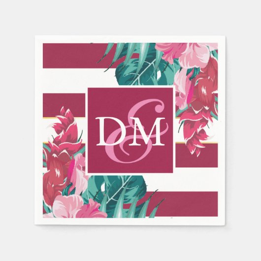 Burgundy Monogram Exotic Flowers gestript Servet (Voorkant)