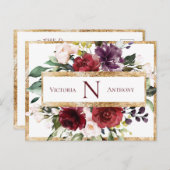 Burgundy Monogram Floral Gold Save the Date Briefkaart (Voorkant / Achterkant)