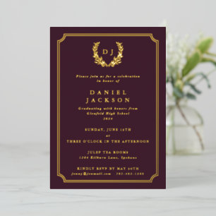 Burgundy Monogram + Laurel Wreath Afstuderen Folie Uitnodiging
