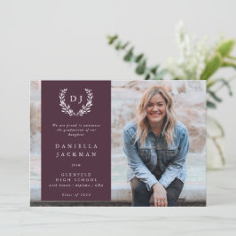 Burgundy Monogram Laurel Wreath Afstuderen Foto Aankondiging