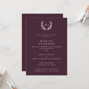 Burgundy Monogram Laurel Wreath Afstuderen Kaart