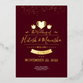 Burgundy Monogram logo met bruidsbruidsgoud Folie Uitnodiging (Voorkant)