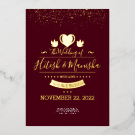 Burgundy Monogram logo met duif trouw goud Folie Uitnodiging