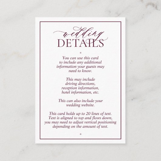 Burgundy Monogram Weddenschap Details Enclosure Ca Informatiekaartje (Achterkant)