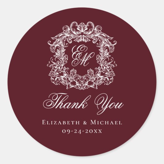 Burgundy Monogram Wedding Crest Thank You Ronde Sticker (Voorkant)