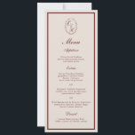 Burgundy Monogram Wedding Long Menu Card Kaart<br><div class="desc">Burgundy Fall Wedding Long Menu Card featuring a classic monogram crest — a refined choice for elegant autumn and winter wedding receptions. Inspired by Old Money aesthetic, Quiet Luxury, and Heritage Estate stationery style. Perfect for couples who love timeless monograms and formal tablescapes. Style with velvet table runners, candlelit centerpieces,...</div>