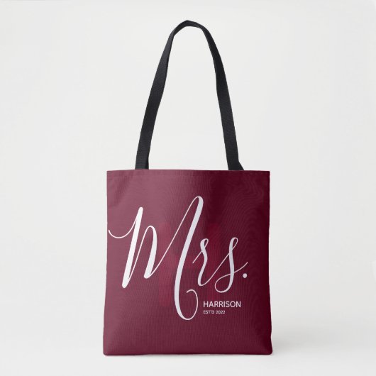 Burgundy Monogrammed Typografie Mrs. Tote Bag (Voorkant)
