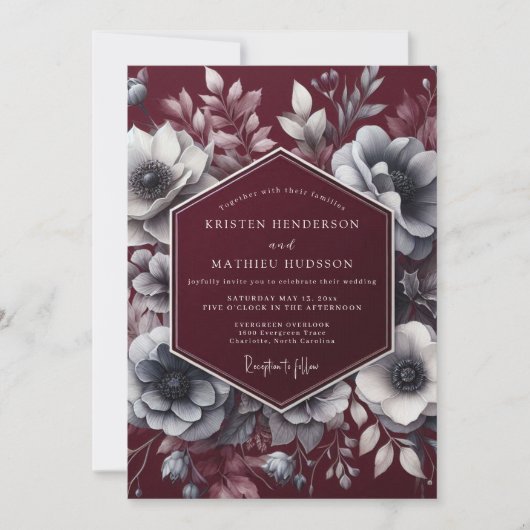 Burgundy Moody Bloom Bruiloft Kaart (Voorkant)
