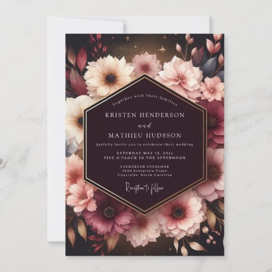 Burgundy Moody Bloom Opulence Bruiloft Kaart (Voorkant)