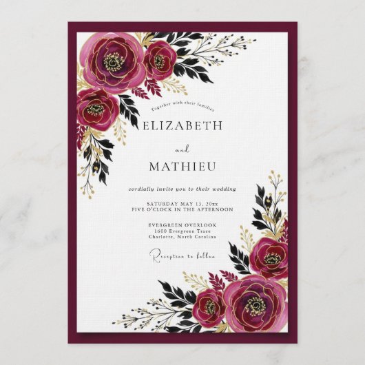 Burgundy Moody Bloom Wedding Kaart (Voorkant)