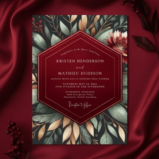 Burgundy Moody Botanical Romance Wedding Kaart