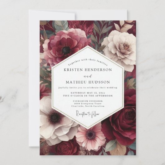 Burgundy Moody Floral Wedding Kaart (Voorkant)