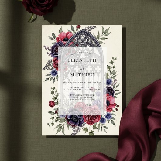 Burgundy Moody Gothic Cathedral Wedding Kaart