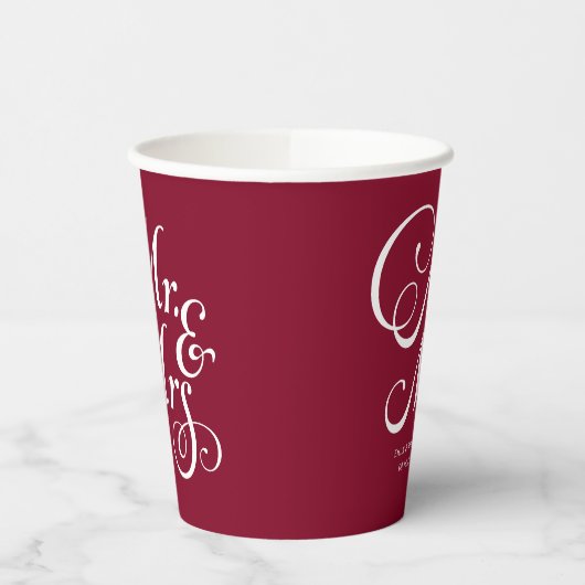 Burgundy Mr. & Mrs. gepersonaliseerde rustige brui Papieren Bekers (Links)