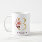 Burgundy Naam en Roze Bloem Monogram Letter B Co Koffiemok (Links)