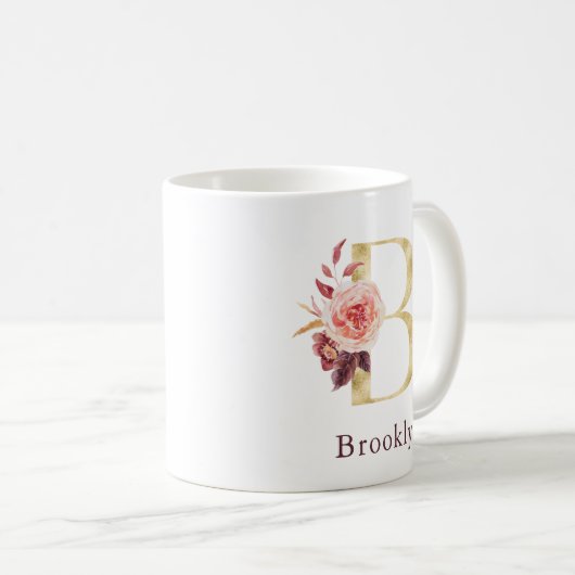 Burgundy Name and Pink Floral Monogram Letter B Co Koffiemok (Voorkant rechts)